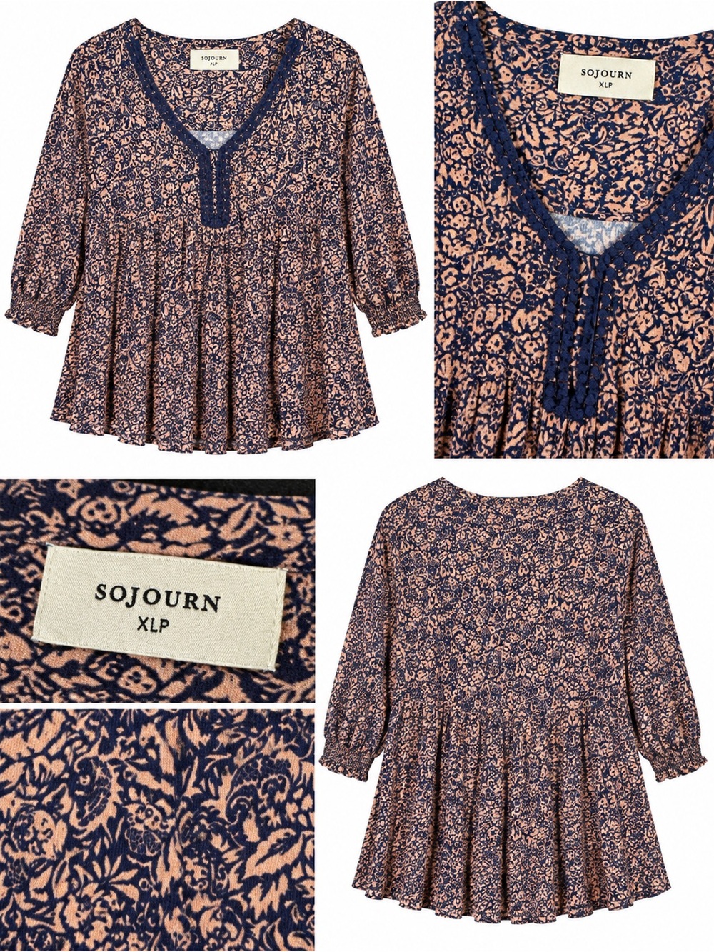 Peach and Navy Floral V-Neck Peasant Blouse